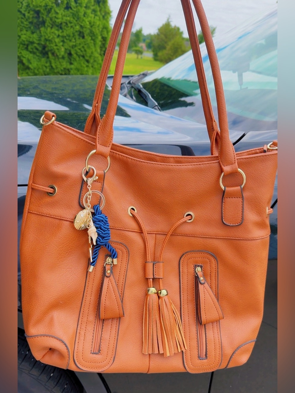 Women's Tan Faux-Leather Tote with Tassel Charm